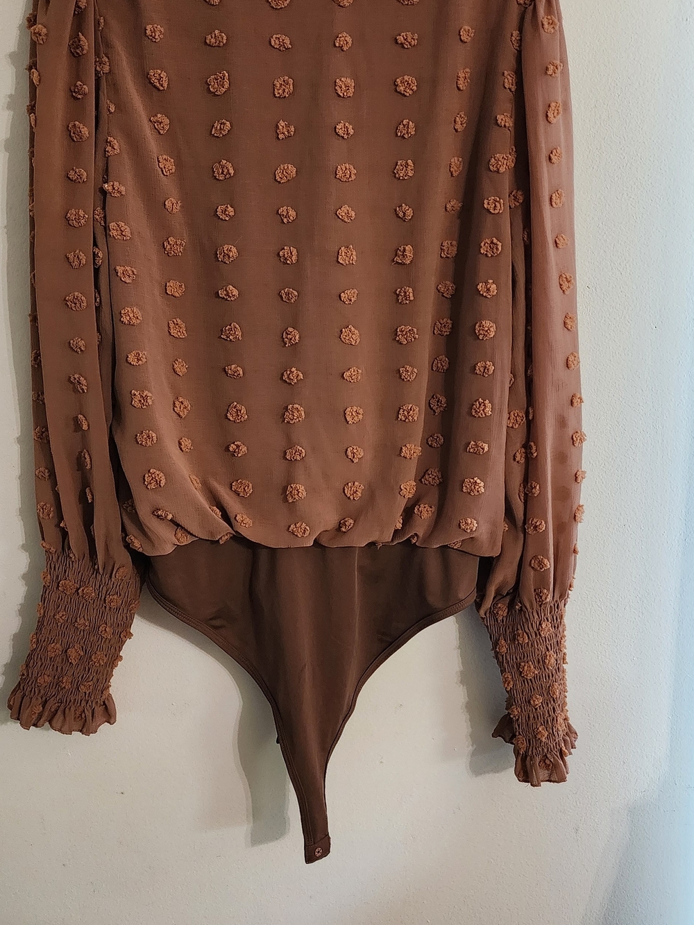 White Birch Brown Clipped Dot Swiss Dot Surplice Long Sleeve Bodysuit XL - Picture 5 of 5